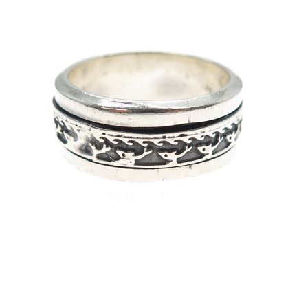 925 Sterling Silver Vintage Mexico Dolphin Rotating Band Oxidized Ring Size 10.5