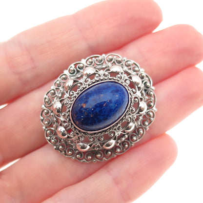 800 Silver Antique Art Deco Real Cabochon Lapis Filigree Oxidized Pin Brooch