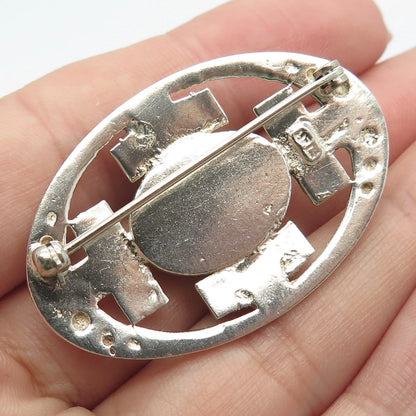 925 Sterling Silver Vintage Real Aventurine Gem Oval Maze Pin Brooch