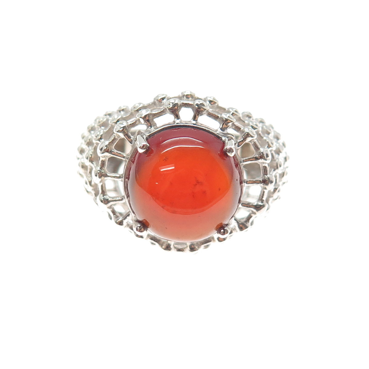 925 Sterling Silver Vintage Real Carnelian Modernist Beaded Mesh Ring Size 7.25