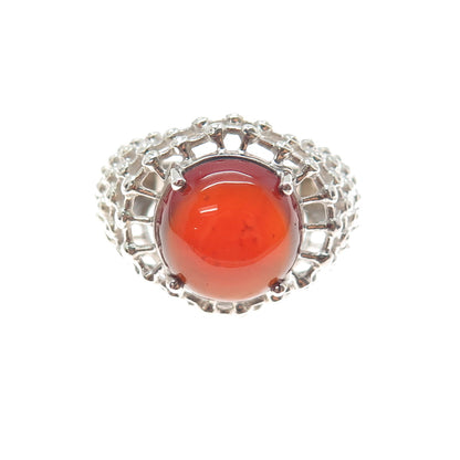 925 Sterling Silver Vintage Real Carnelian Modernist Beaded Mesh Ring Size 7.25