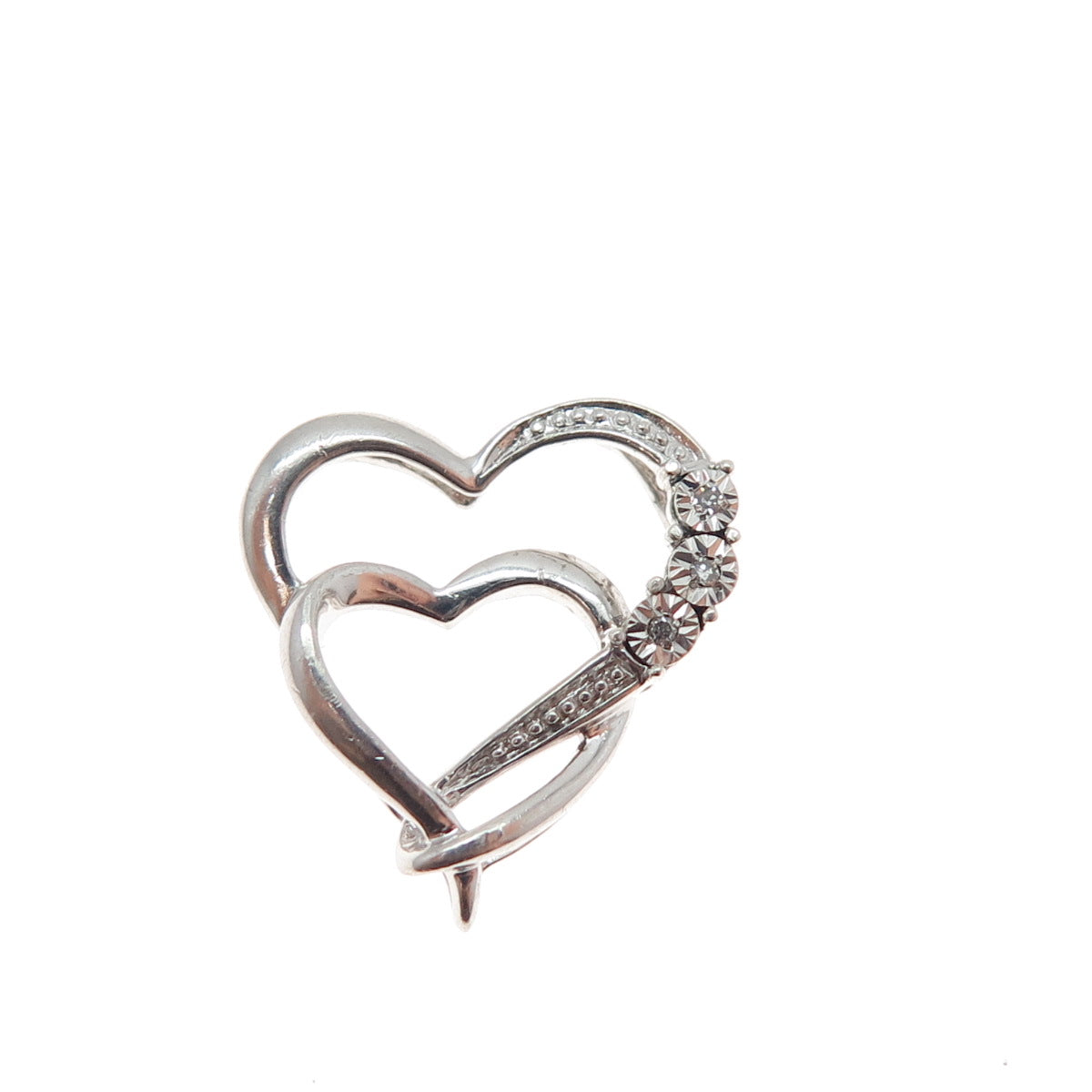 925 Sterling Silver Real Diamond Double Heart Minimalist Slide Charm Pendant