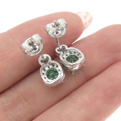 925 Sterling Silver Cushion-Cut Nano Emerald & Round-Cut C Z Earrings