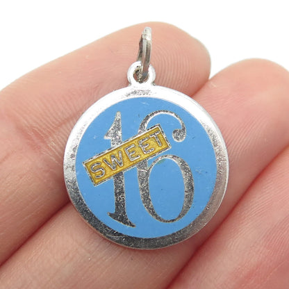 925 Sterling Silver Vintage Beau Enamel “Sweet 16” Round Pendant