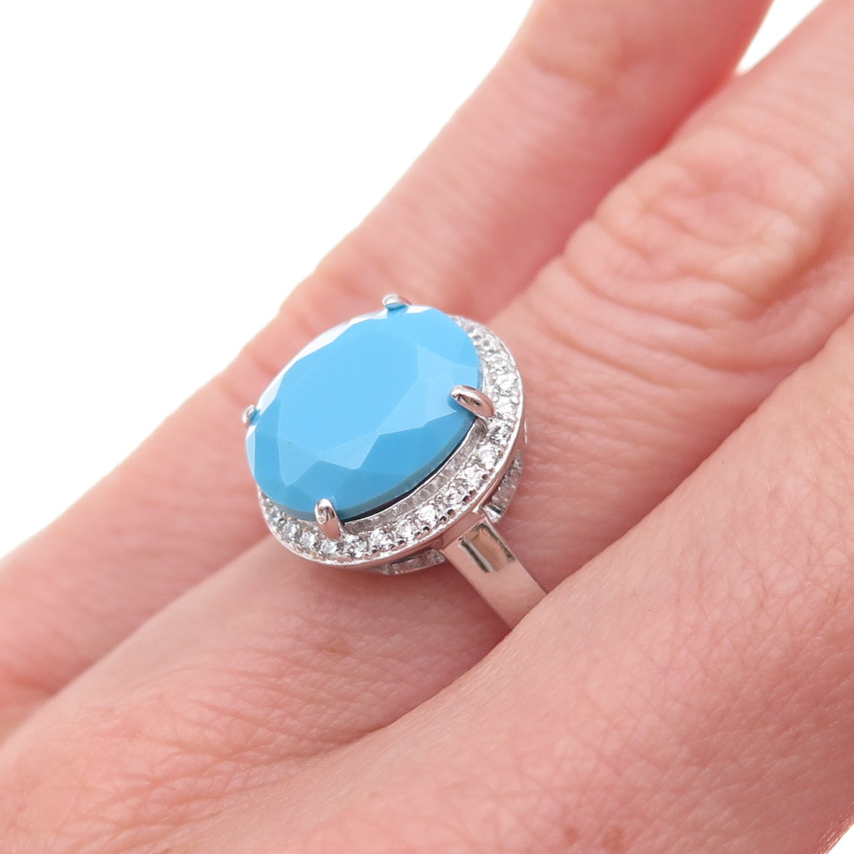 925 Sterling Silver Real Sleeping Beauty Turquoise & C Z Ring Size 5.5