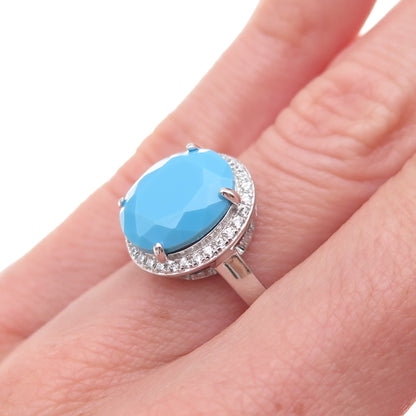 925 Sterling Silver Real Sleeping Beauty Turquoise & C Z Ring Size 5.5