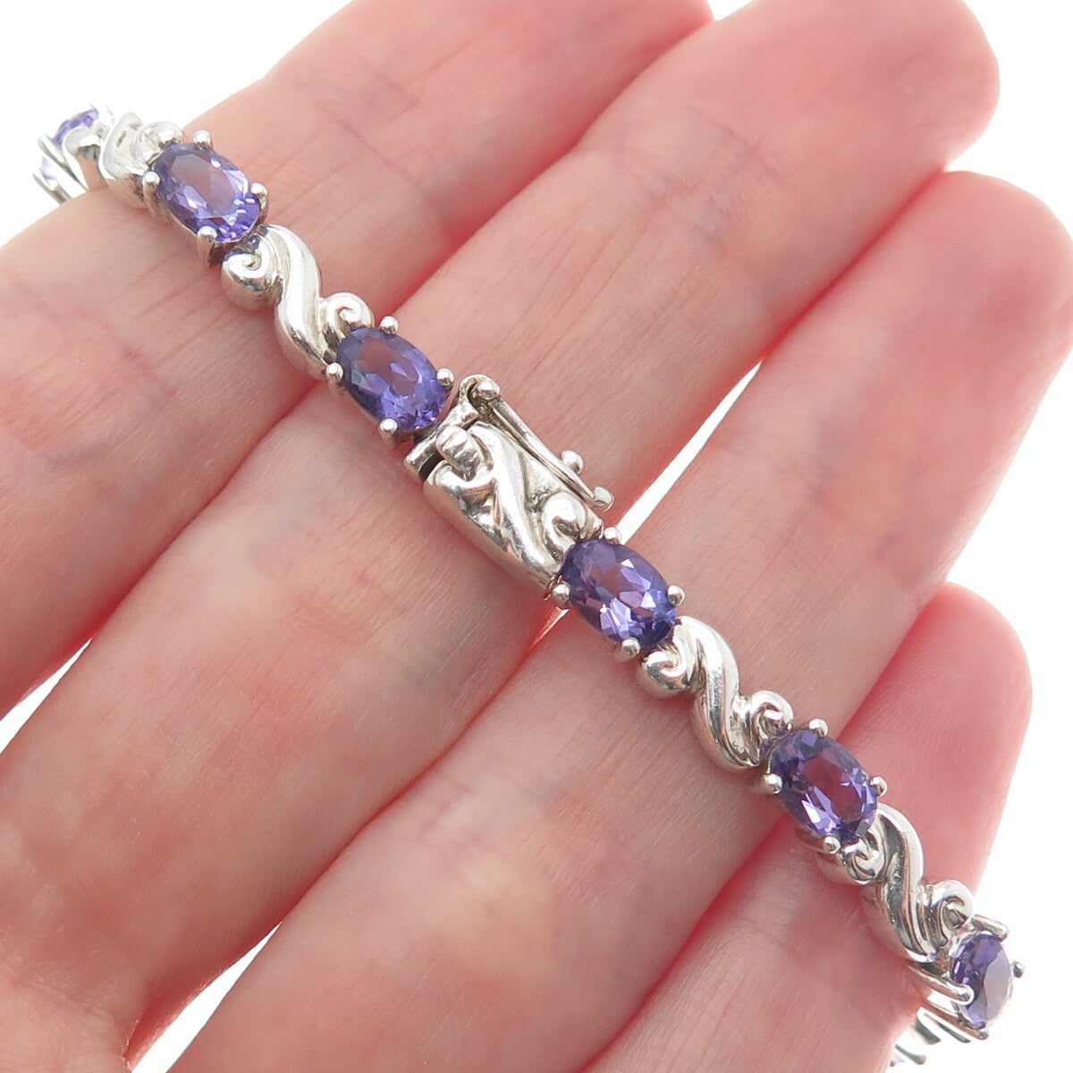MICHELLE ALBALA 925 Sterling Silver Vintage Amethyst Swirl Link Bracelet 7.25"