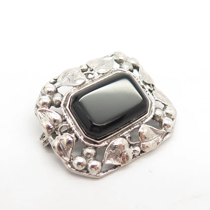 925 Sterling Silver Vintage Real Black Onyx Gemstone Leaf Pin Brooch