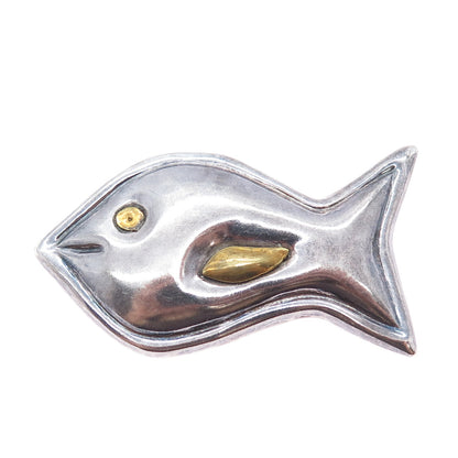 925 Sterling Silver 2-Tone Vintage Mexico Modernist Fish Oxidized Pin Brooch