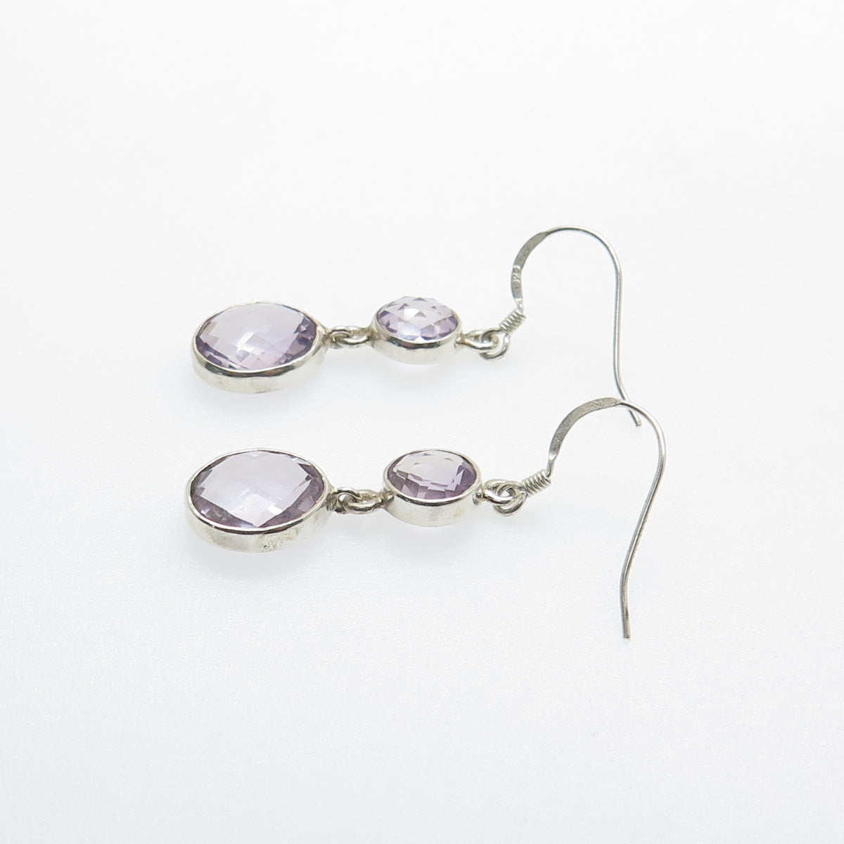 925 Sterling Silver Vintage Real Round & Oval-Cut Amethyst Dangle Earrings