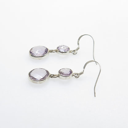 925 Sterling Silver Vintage Real Round & Oval-Cut Amethyst Dangle Earrings
