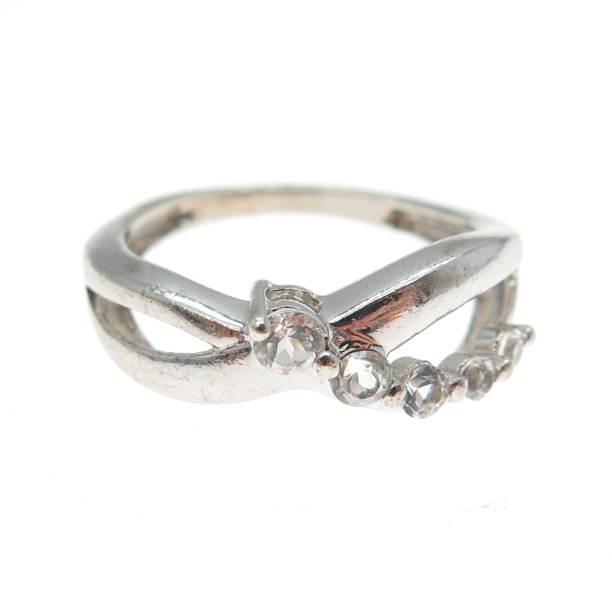 925 Sterling Silver Vintage Real Graduated White Topaz Infinity Ring Size 7.5