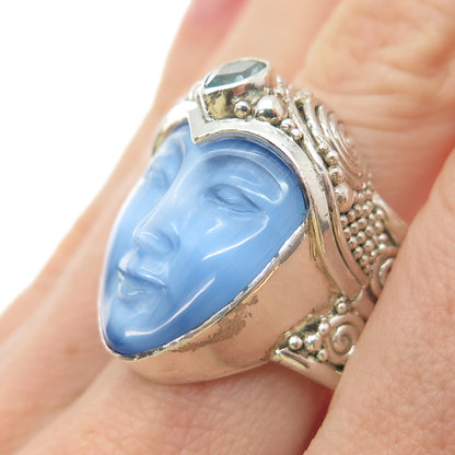 SAJEN 925 Sterling Vintage Topaz Optic Fiber Cat's Eye Adjustable Ring Size 9.75