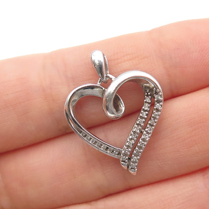 925 Sterling Silver Real Round-Cut Diamond Heart Charm Pendant