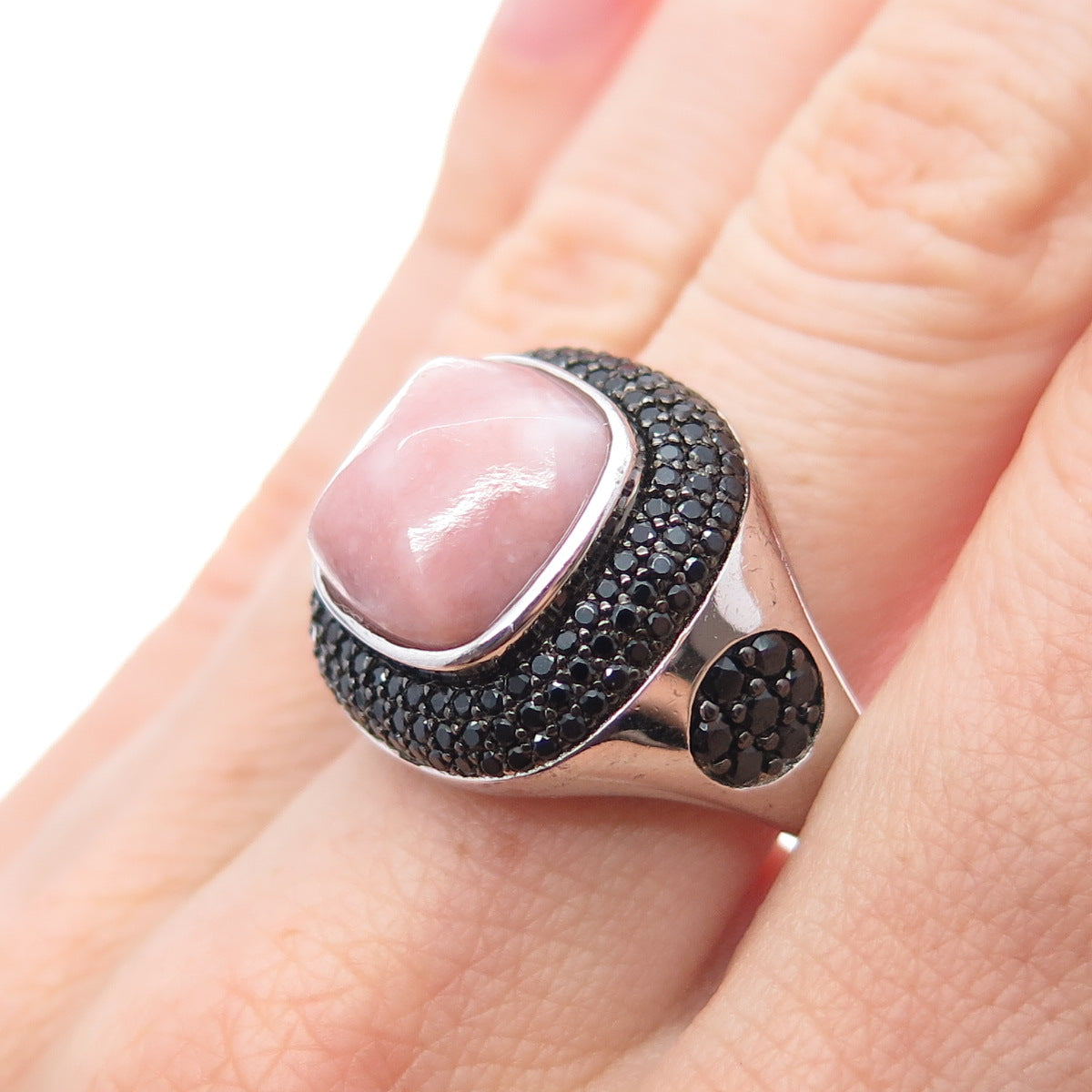 925 Sterling Silver Real Rhodonite & Black Spinel Modernist Ring Size 8