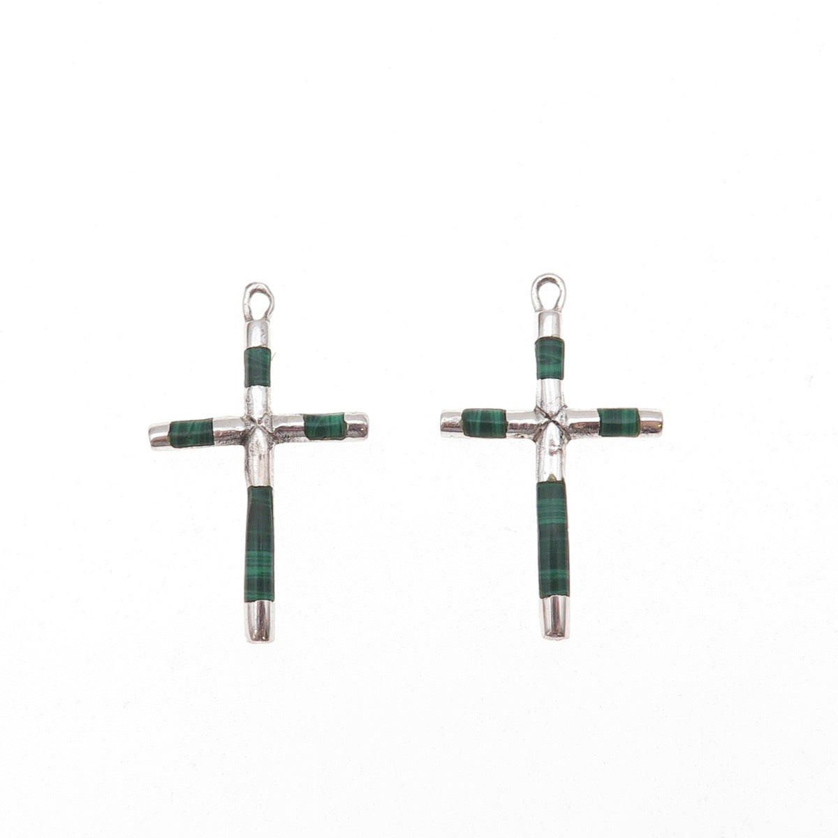 925 Sterling Silver Vintage Real Malachite Cross Jacket Earrings