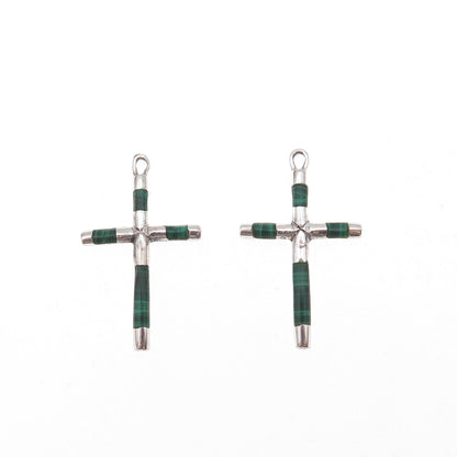 925 Sterling Silver Vintage Real Malachite Cross Jacket Earrings