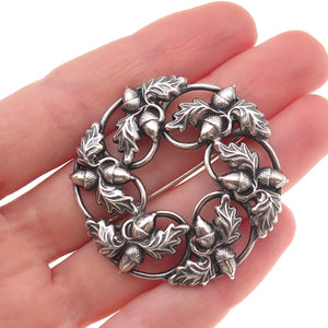 Danecraft 925 Sterling Silver Antique Art Deco Acorn Floral Oxidized Pin Brooch