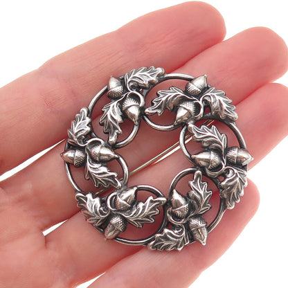Danecraft 925 Sterling Silver Antique Art Deco Acorn Floral Oxidized Pin Brooch