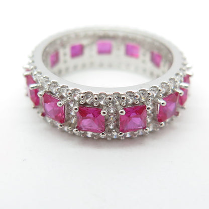 925 Sterling Silver Lab-Created Pink Sapphire & C Z Eternity Ring Size 5.5