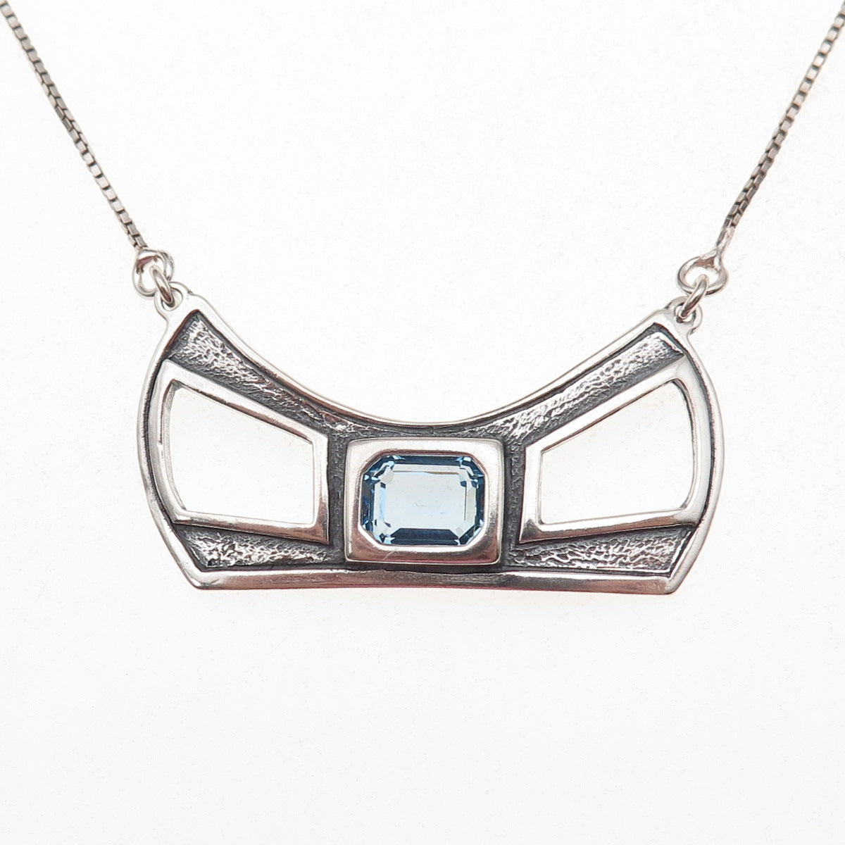 Noy Li 925 Sterling Silver Vintage Israel Blue C Z Bow Box Chain Necklace 18"