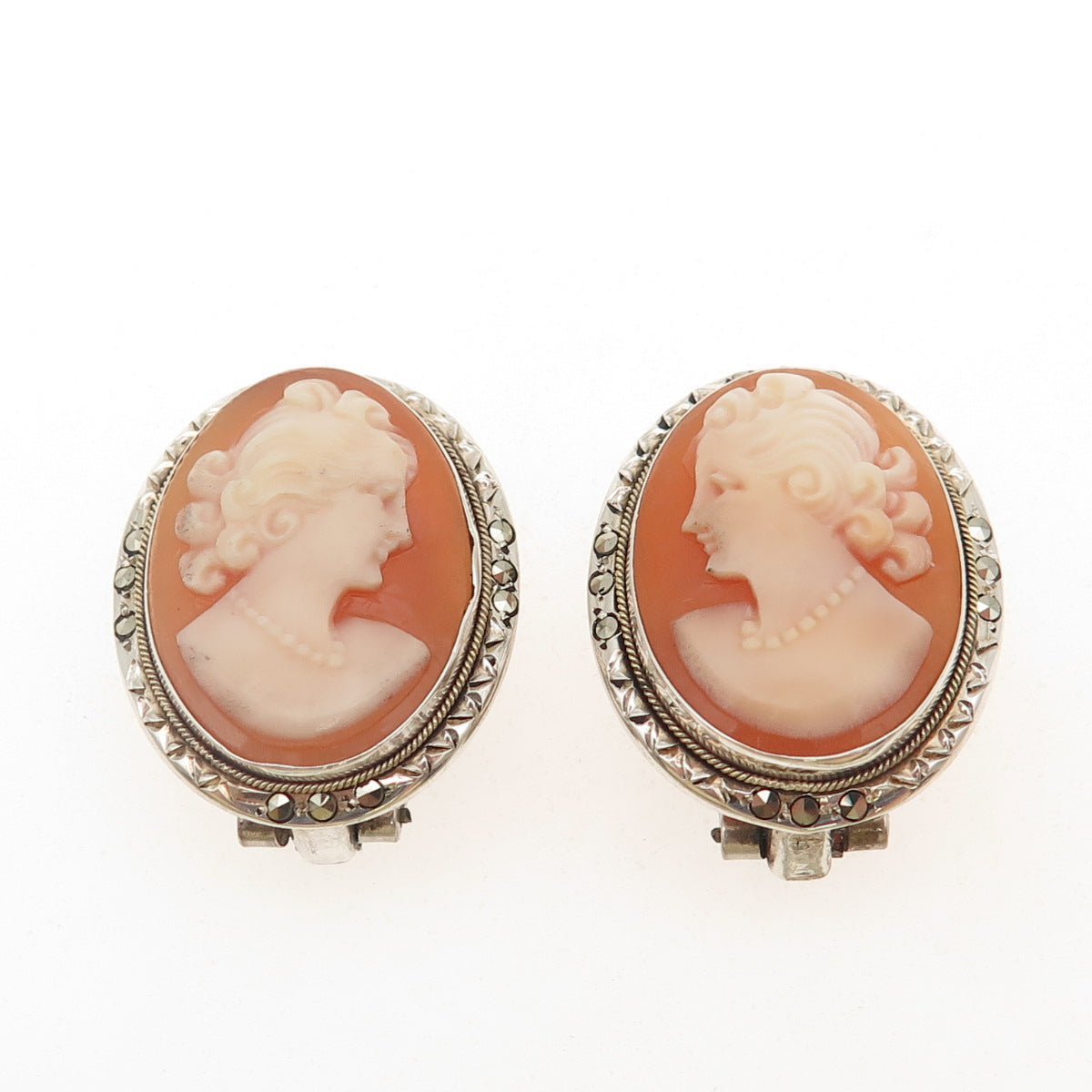 800 Silver Antique Art Deco Real MOP & Marcasite Lady Cameo Clip On Earrings