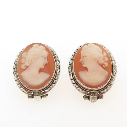 800 Silver Antique Art Deco Real MOP & Marcasite Lady Cameo Clip On Earrings