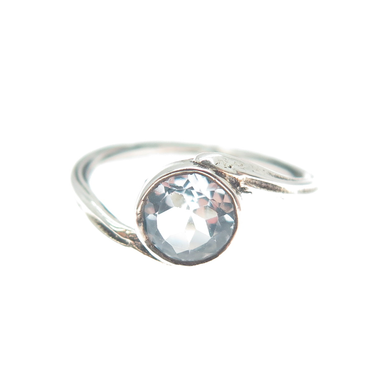 925 Sterling Silver Vintage Real Round-Cut Blue Topaz Bypass Ring Size 3.75