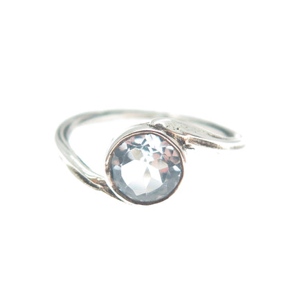 925 Sterling Silver Vintage Real Round-Cut Blue Topaz Bypass Ring Size 3.75