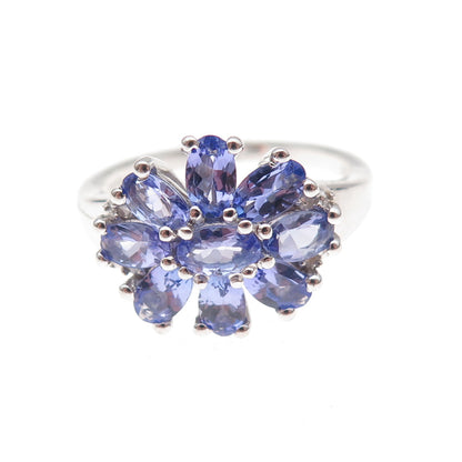 925 Sterling Silver Real Tanzanite & White Topaz Floral Ring Size 8