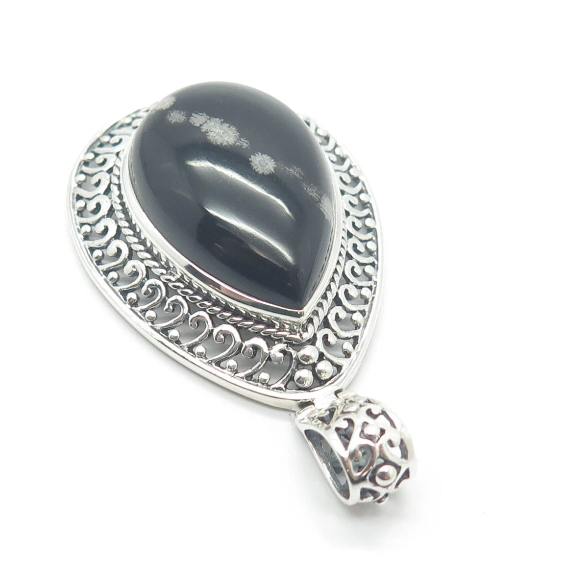 925 Sterling Silver Vintage Real Snowflake Obsidian Gem Teardrop Pendant