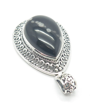 925 Sterling Silver Vintage Real Snowflake Obsidian Gem Teardrop Pendant