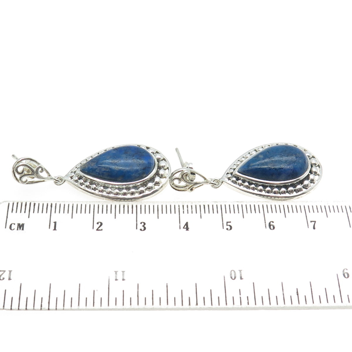 925 Sterling Silver Vintage Real Lapis Lazuli Gemstone Beaded Dangling Earrings