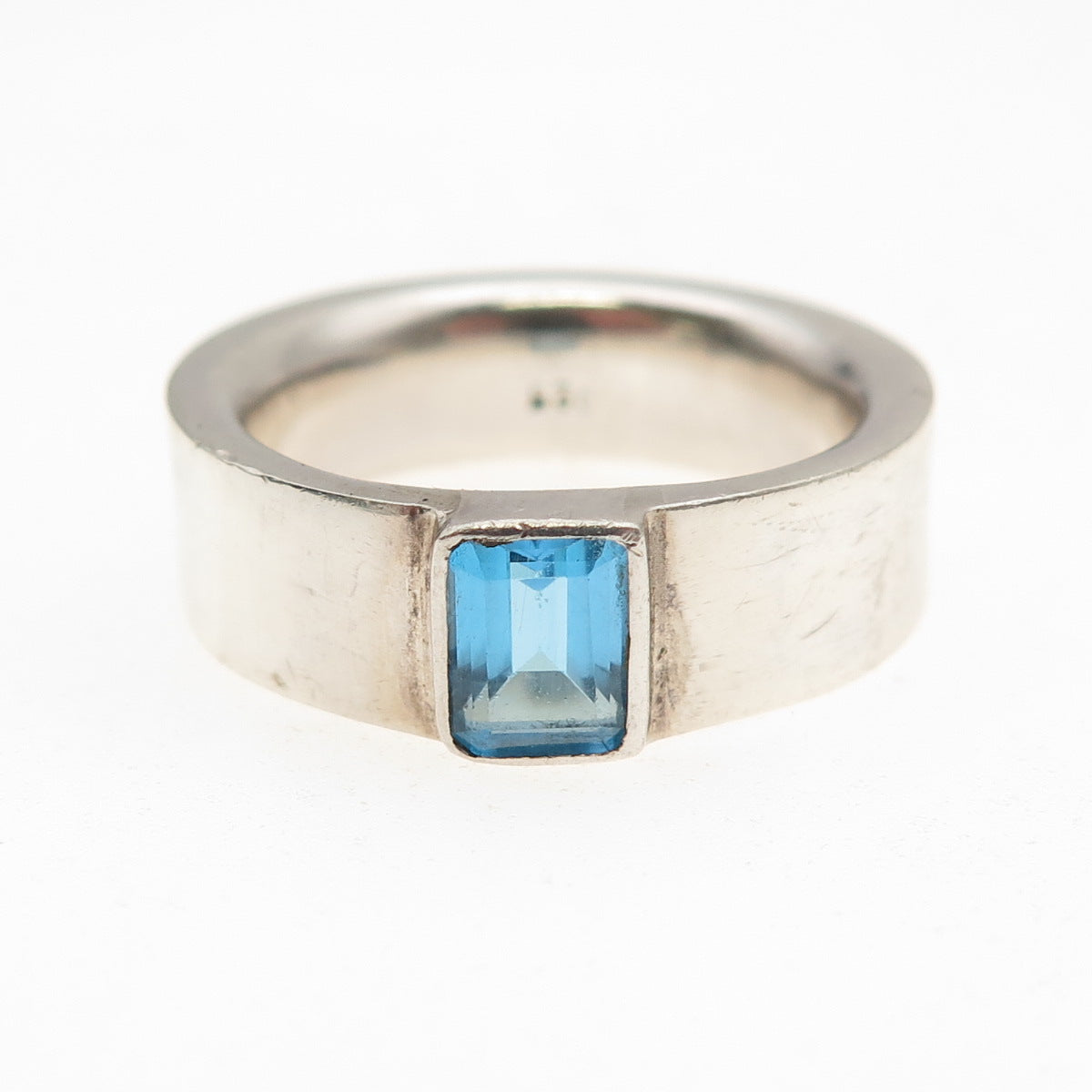 925 Sterling Silver Vintage Real Emerald-Cut Blue Topaz Band Ring Size 9