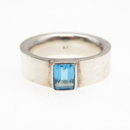 925 Sterling Silver Vintage Real Emerald-Cut Blue Topaz Band Ring Size 9