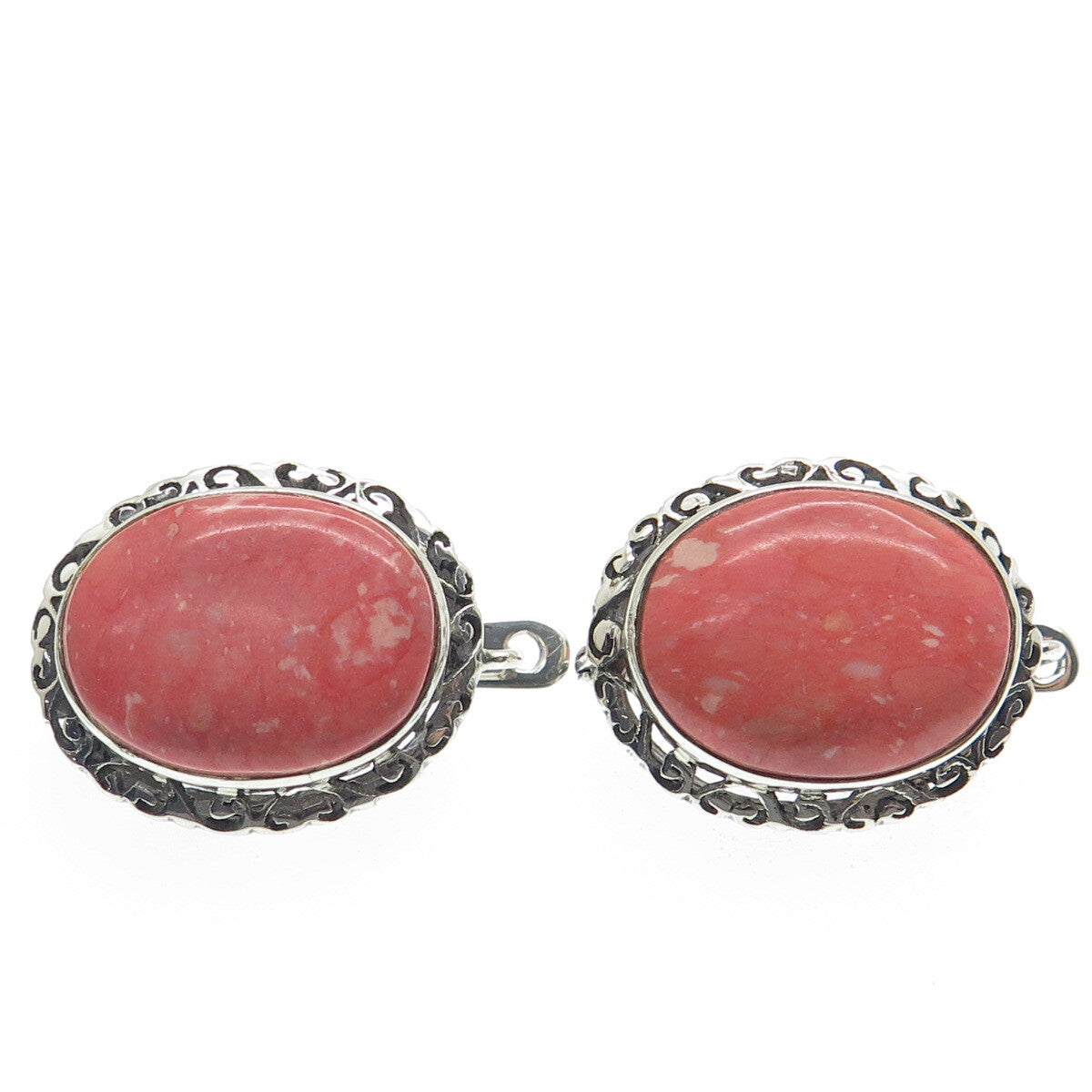 925 Sterling Silver Vintage Real Rhodochrosite Gem Ornate Frame Earrings