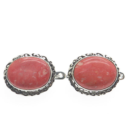 925 Sterling Silver Vintage Real Rhodochrosite Gem Ornate Frame Earrings