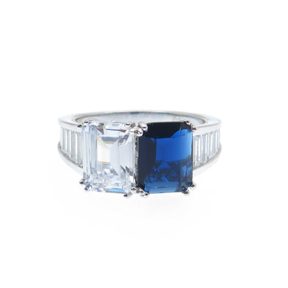 DSMK 925 Sterling Silver White & Blue Emerald-Cut Shaped C Z Ring Size 7.25