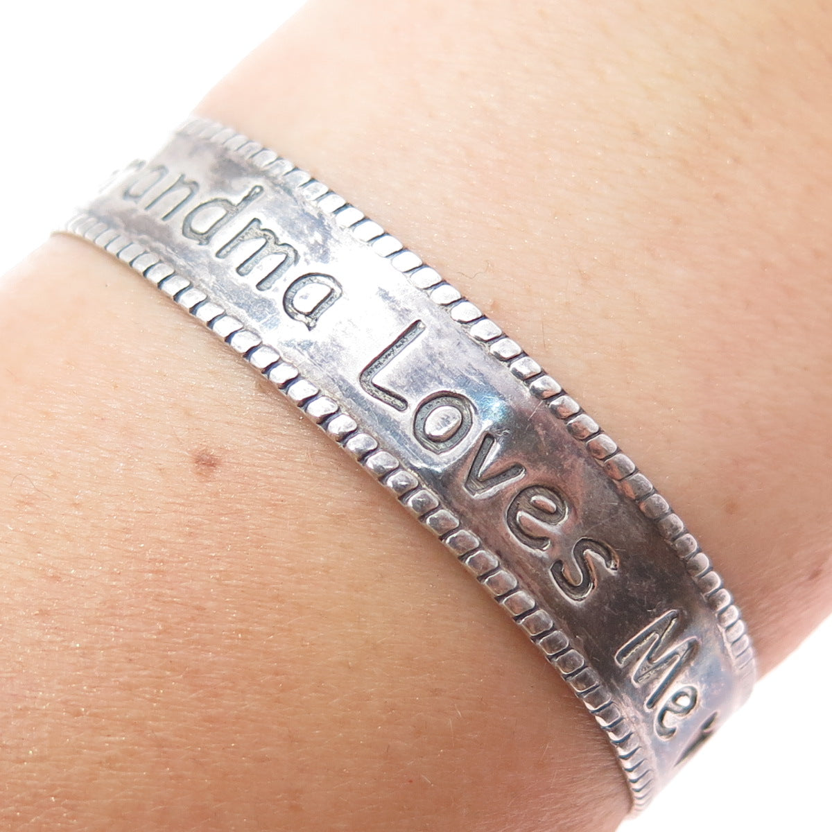 925 Sterling Vintage Grandma Loves Me Oxidized Adjustable Cuff Bracelet 5.75"
