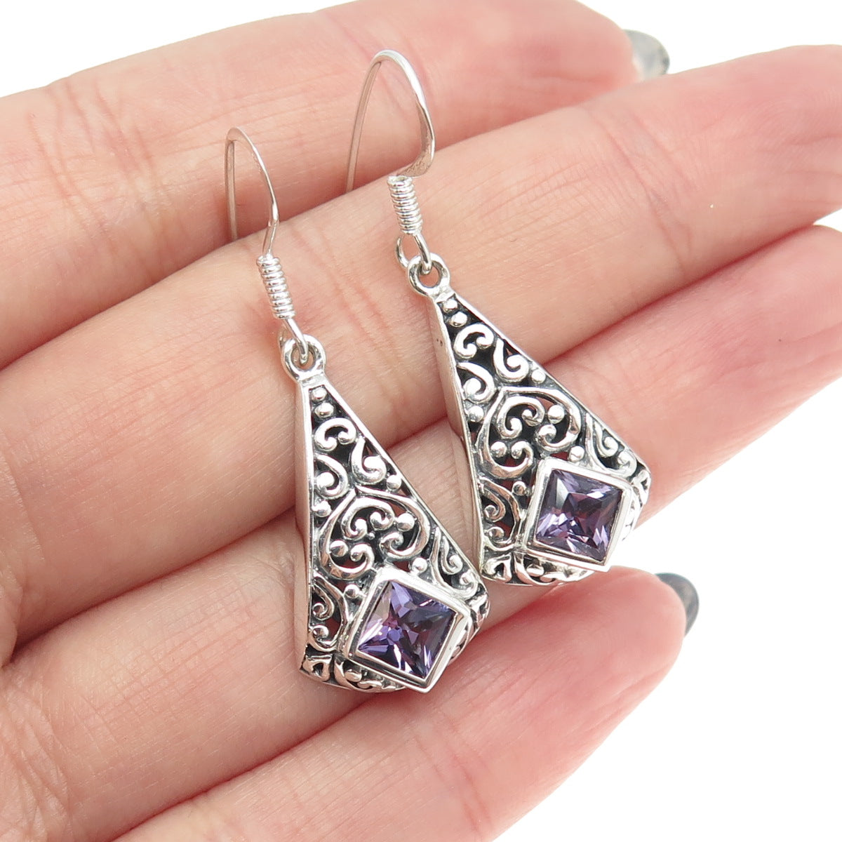 CHAPAL ZENRAY 925 Sterling Silver Vintage Amethyst Gem Ornate Dangling Earrings