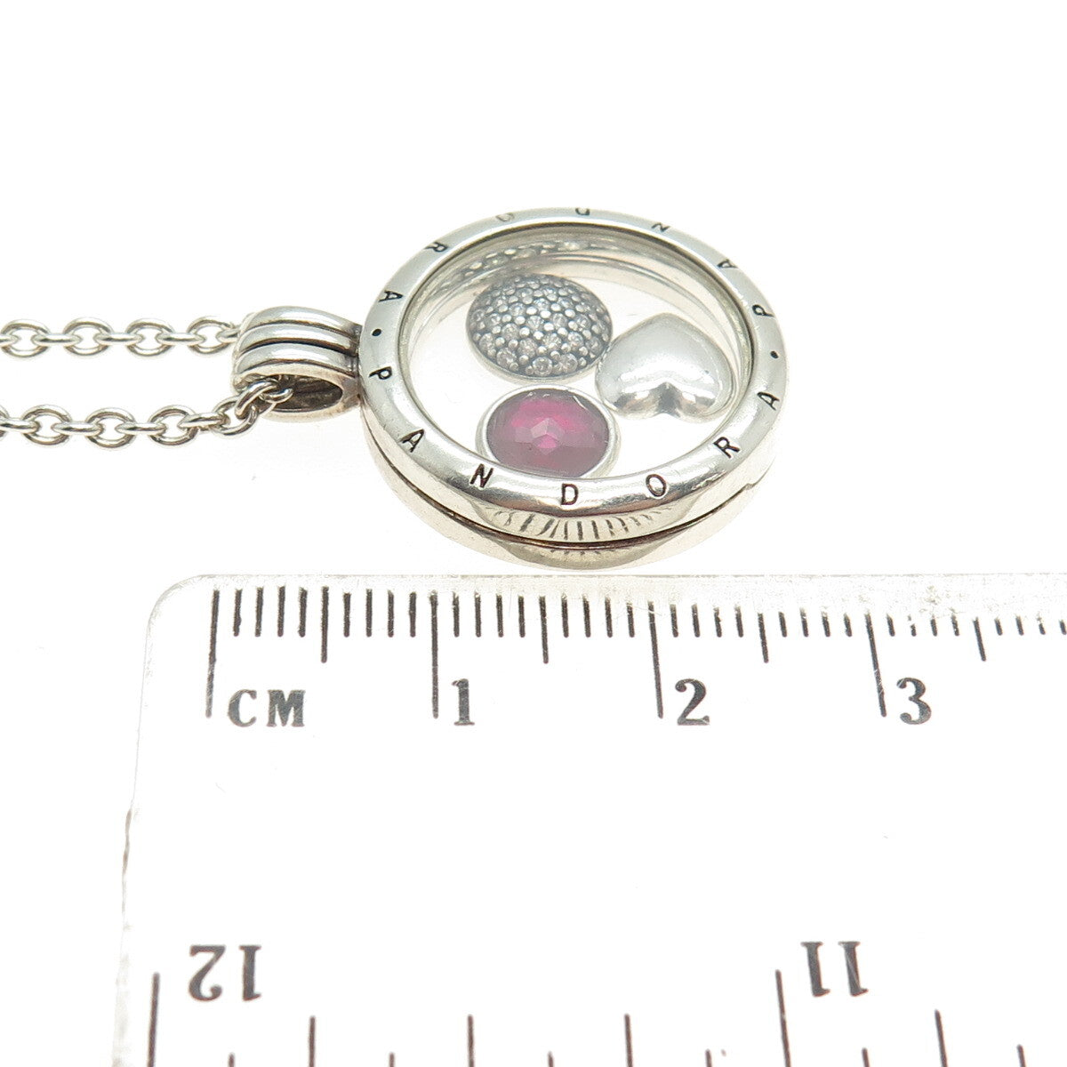 PANDORA 925 Sterling Silver Lab-Created Ruby Charm Locket Pendant Necklace 24"
