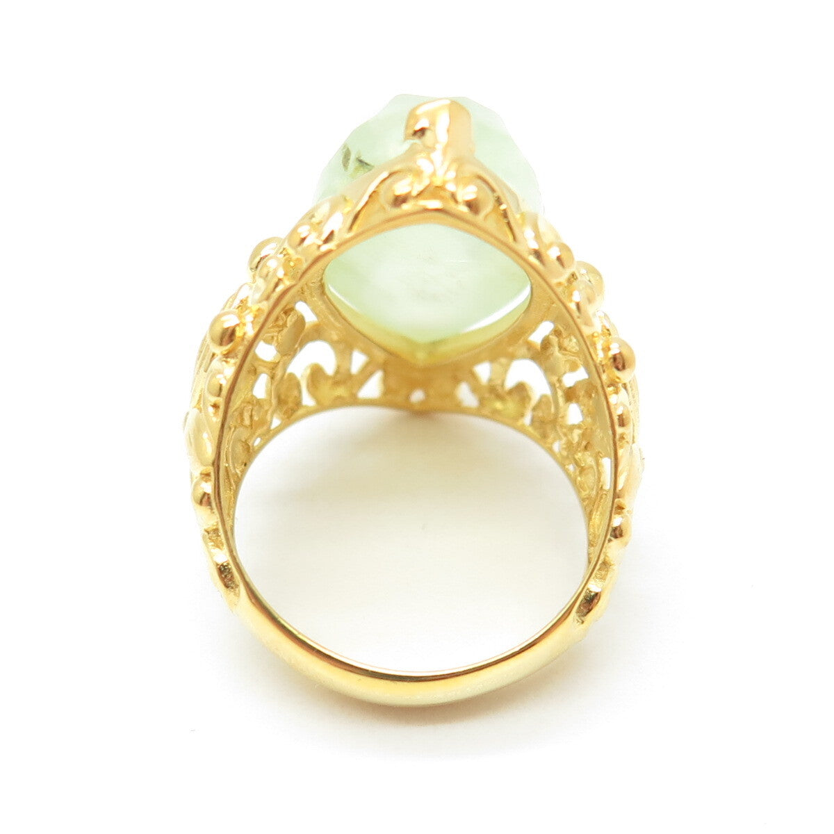 925 Sterling Silver Gold Plated Real Marquise-Cut Prehnite Floral Ring Size 7.5