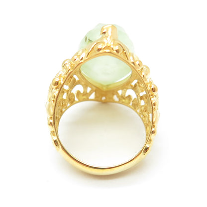 925 Sterling Silver Gold Plated Real Marquise-Cut Prehnite Floral Ring Size 7.5