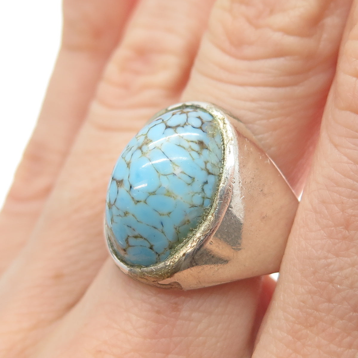 925 Sterling Silver Vintage Mexico Cabochon Faux Turquoise Ring Size 9.5