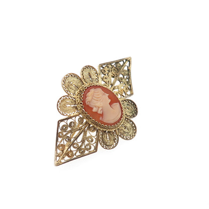 800 Silver Gold Plated Antique Art Deco Real MOP Lady Cameo Filigree Pin Brooch