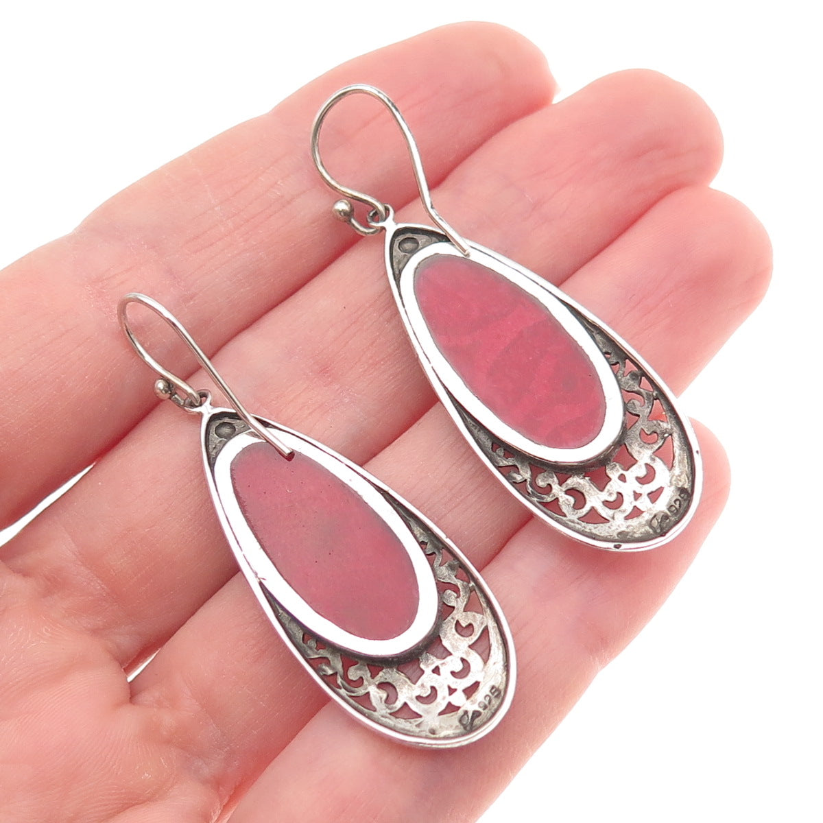 Samuel Benham 925 Sterling Silver Vintage Real Jasper Ornate Teardrop Earrings