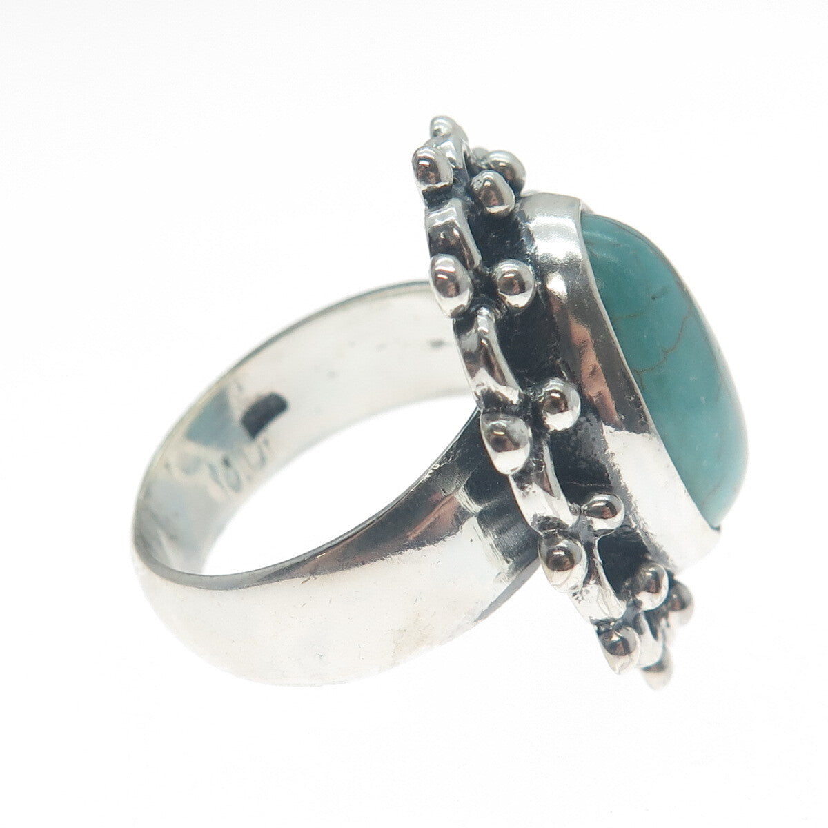 925 Sterling Silver Vintage Mountain Turquoise Flower Oxidized Ring Size 8.75