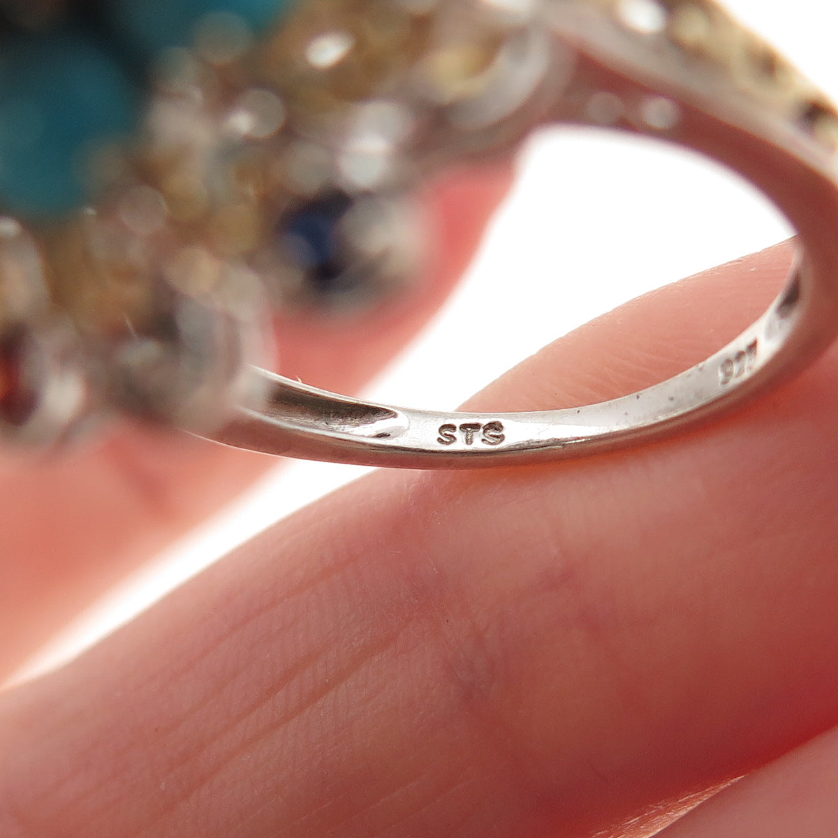 Chuck Clemency 925 Sterling 2-Tone Real Turquoise & Multi-Sapphire Ring Size 8