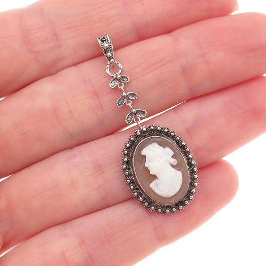 925 Sterling Silver Antique Art Deco Real MOP Lady Cameo Cannetille Pendant
