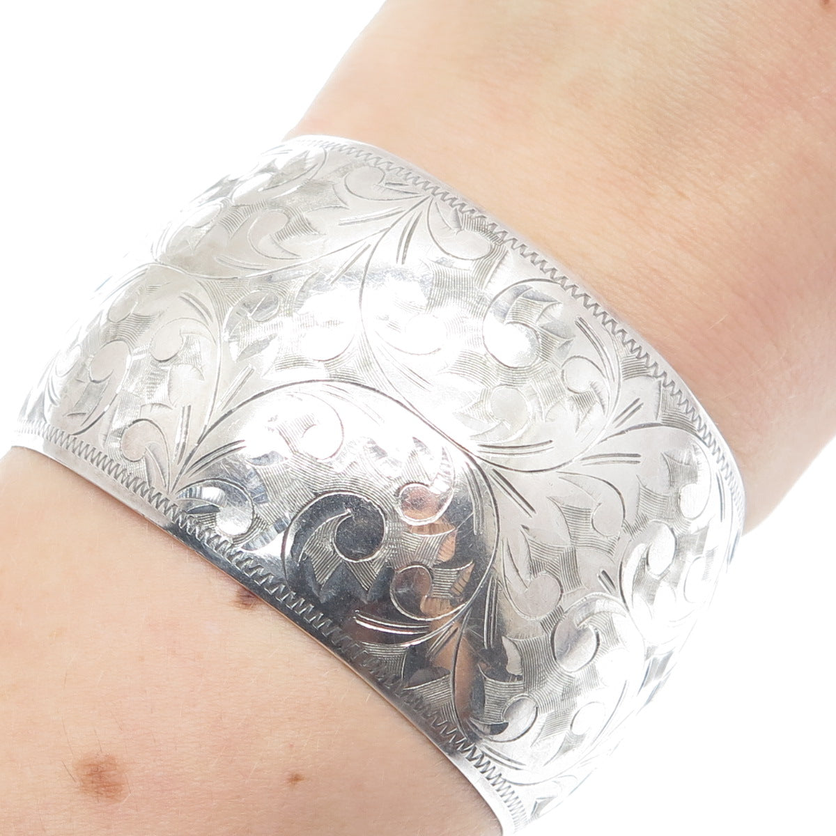 950 Silver Antique Japan Engraved Floral Leaf Adjustable Wide Cuff Bracelet 6.5"